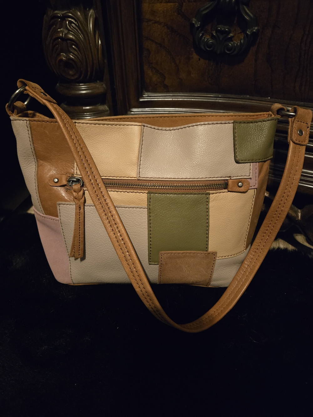 The Sak Patchwork Leather Crossbody Bag in Tan, Green & Pink